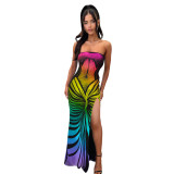 Sexy Printed Strapless Low Back Slit Lace-Up Maxi Dress