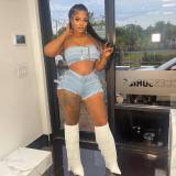 Fashionable Denim Two Pieces Sexy Beaded Buckle Bandeau Top Shorts Set