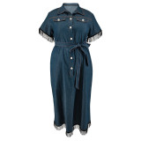 Plus Size Short Sleeve Tassel Buttoned Casual Dress with Belt