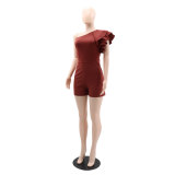 Slash Shoulder Solid Ruffle High Waist Rompers