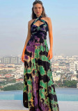 Sexy Sleeveless Tie-Dye Halter Long Dress