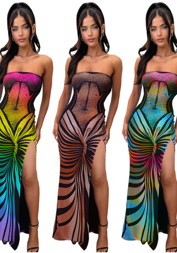 Sexy Printed Strapless Low Back Slit Lace-Up Maxi Dress