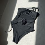 Drawstring Hollow Solid Flower Halter One-Piece Swimwear