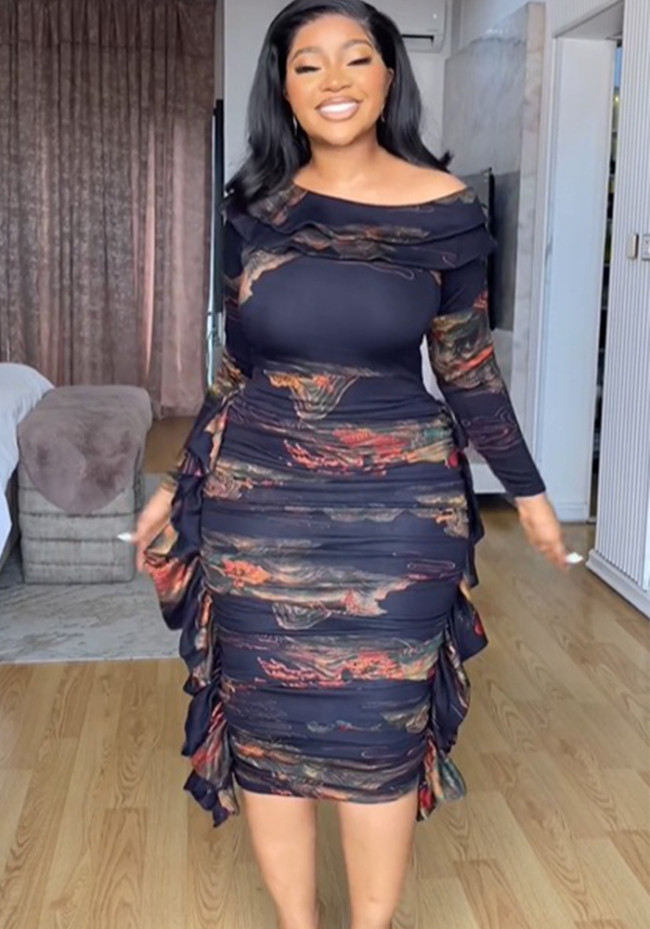 Printed Long Sleeve Ruched Bodycon Dress