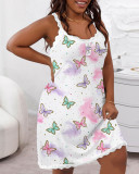 Butterfly Print Lace Trim Straps Plus Size Dress