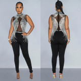 Fashion Contrast Color Rhinestone Mesh Sleeveless Jumpsuit