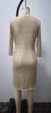 Sequin V-Neck 3/4 Sleeve Tie Waist Casual Dress