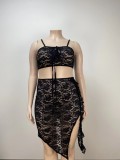 Plus Size Black Lace Sexy See Through 2PCS Skirt Set