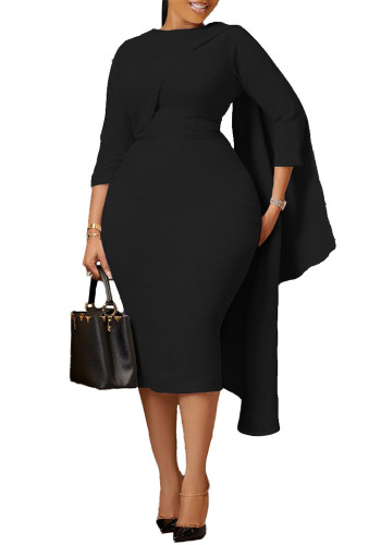 Plus Size Solid Patchwork 3/4 Sleeve Bodycon Dress