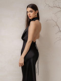 Black Sexy Plunge Neck Halter Low Back Satin Maxi Dress