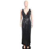 Sexy V-Neck Low Back Sequined Sleeveless Slit Party Long Dress