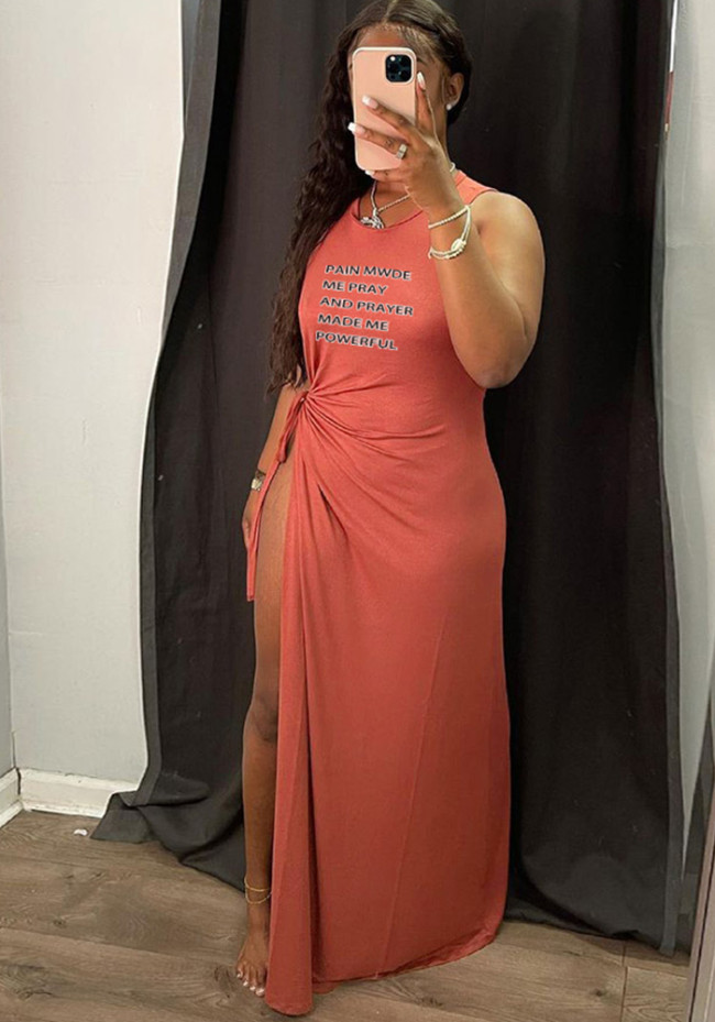 Printed Hollow Cross Sleeveless Slit Maxi Dress