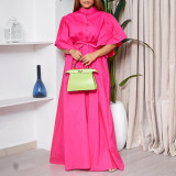 Solid Bell Bottom Sleeve Buttoned Belted Loose Maxi Dress