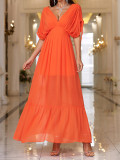 Orange V Neck Chiffon Drawstring Beach Maxi Dress