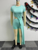 Sexy Solid Hollow Stretch Slit Tie Side Irregular Long Dress Shorts Two Piece Set