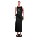 Printed Hollow Cross Sleeveless Slit Maxi Dress