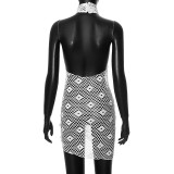 Solid Halter Fishnet Sleeveless See-Through Mesh Lace-Up Sexy Dress