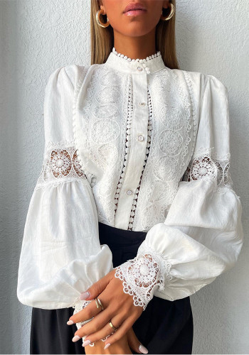 White Lace Patchwork Balloon Sleeve Career Shirt