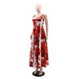 Red Rose Printed Chic Elegant Swing Dress