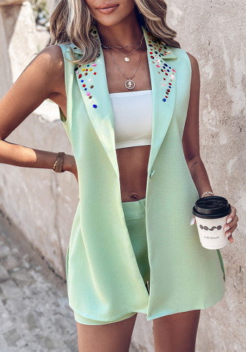 Trendy Rhinestone Green Sleeveless Blazer + Shorts Two Piece Set