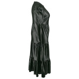 Plus Size PU Leather Long Sleeve Ruffle Maxi Dress