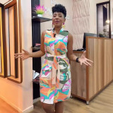 Sexy Printed Sleeveless Tie Waist Buttoned Dress