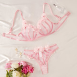 See-Through Pink Flower Sexy Mesh Lingerie Set