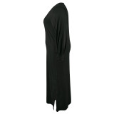 Plus Size Solid Long Sleeve V-Neck Slit Loose Maxi Dress