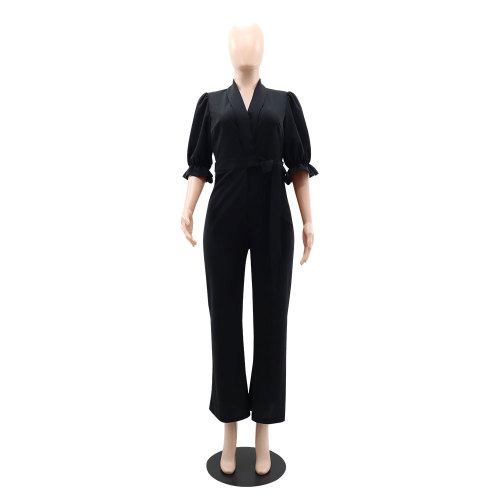 Chic Deep V High Waist Tie Waist OL Jumpsuit