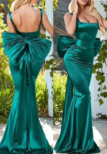 Big Bow Dark Green Low Back Mermaid Evening Dress