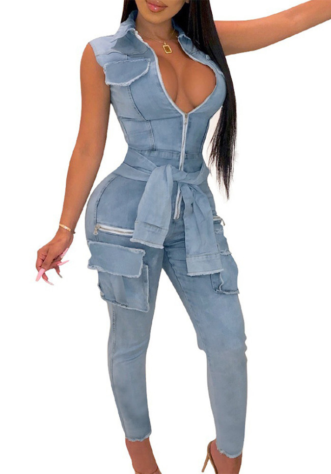 Blue Fashion Pockets Zipper Sleeveless Denim Jumpsuit