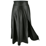 Plus Size Black PU Leather Zipper Slit Long Skirt