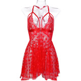 Sexy Lingerie Heart Mesh Irregular Pearl Backless Straps Nightgown