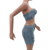 Fashionable Denim Two Pieces Stretchy Beading Bandeau Top and Skirt Set
