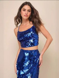 Sequin Lace Up Trap Top Long Skirt Sexy Party Two Piece Set
