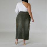 Plus Size Trendy Denim Strap Long Slit Skirt