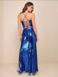 Sequin Lace Up Trap Top Long Skirt Sexy Party Two Piece Set