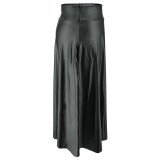 Plus Size Black PU Leather Zipper Slit Long Skirt