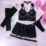 Sexy Lingerie Four Piece Set See-Through Mesh Skirt With Halter Neck Chain Gloves