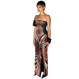 Sexy Printed Strapless Low Back Slit Lace-Up Maxi Dress