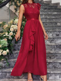 Sexy Lace Bodice Chiffon Round Neck Sleeveless Evening Dress