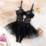 Floral Transparent Lace Backless Bodysuit and Skirt Sexy Lingerie 2PCS Set