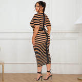 Plus Size Striped Print Short Sleeve Round Neck Bodycon Midi Dress