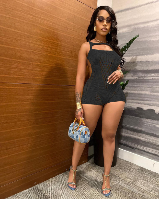 Solid Casual Sleeveless Knitting Rompers