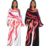Trendy Print Slash Shoulder Long Sleeve Wide Leg Jumpsuit