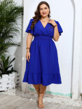 Chic Slim Waist V Neck Blue Flutter Sleeve Plus Size Casual Dress