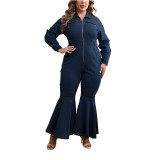 Plus Size Denim Zipper Turn Down Collar Long Sleeve Bell Bottom Jumpsuit