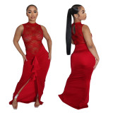 Sexy Lace Bodice Slit Ruched Ruffle Maxi Dress