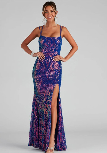 Sexy Sequin Cami Evening Gown Elegant Slit Long Party Dress