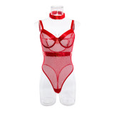 Fishnet See Through Bodysuit with Choker Sexy Lingerie 2PCS set